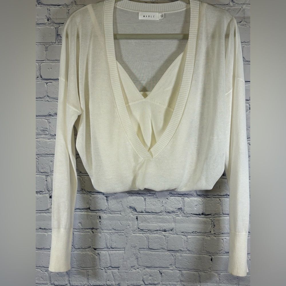 MABLE Ivory Layered Attached Plunge Cami Y2K Cropped Lightweight Sweater M